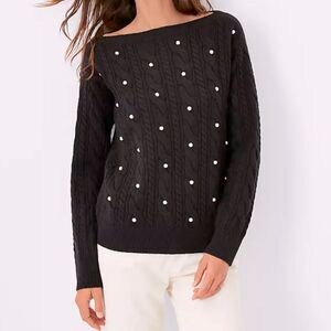 Ann Taylor black stretch cable knit pearl embellished sweater boat neck M